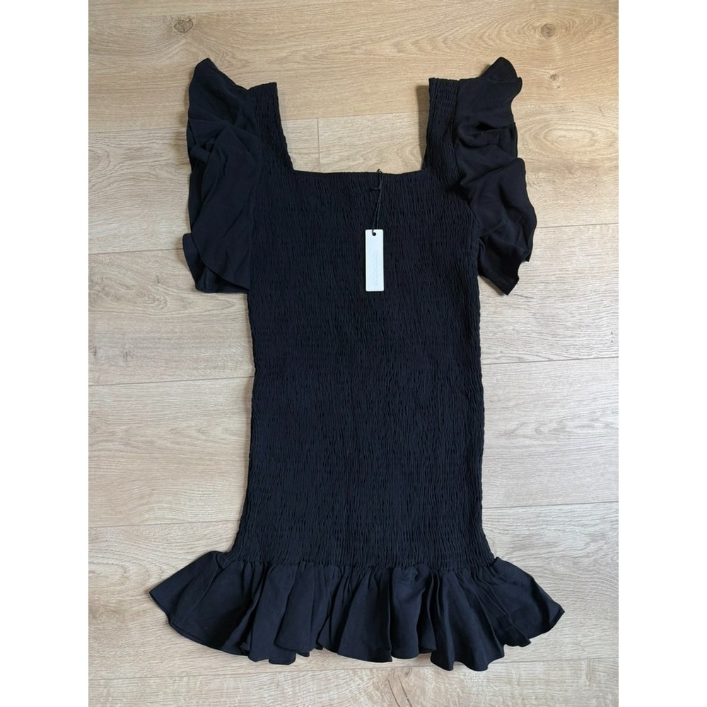 NWT Womens Olivaceous black smocked ruffle sleeve tencel blend mini dress size M